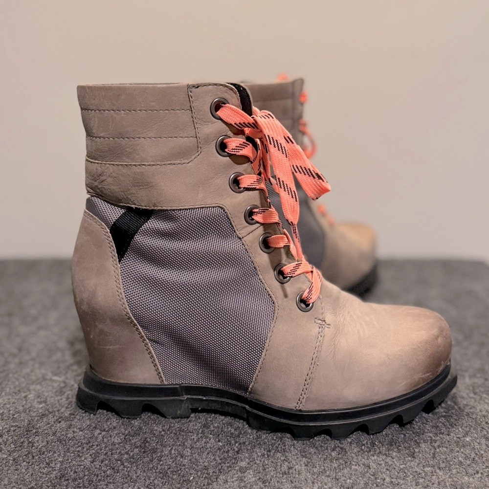 Sorel Joan of Artic Lace Up Waterproof Wedge Bootie in Quarry Gray - 8.5